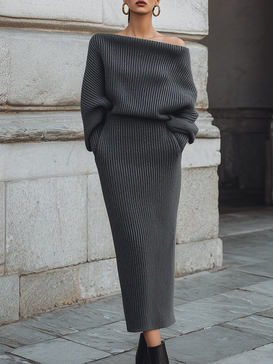 Minimalist Knitted One-shoulder Bat-sleeve Sweater & Diagonal Pocket Pencil Skirt Set