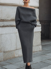 Minimalist Knitted One-shoulder Bat-sleeve Sweater & Diagonal Pocket Pencil Skirt Set