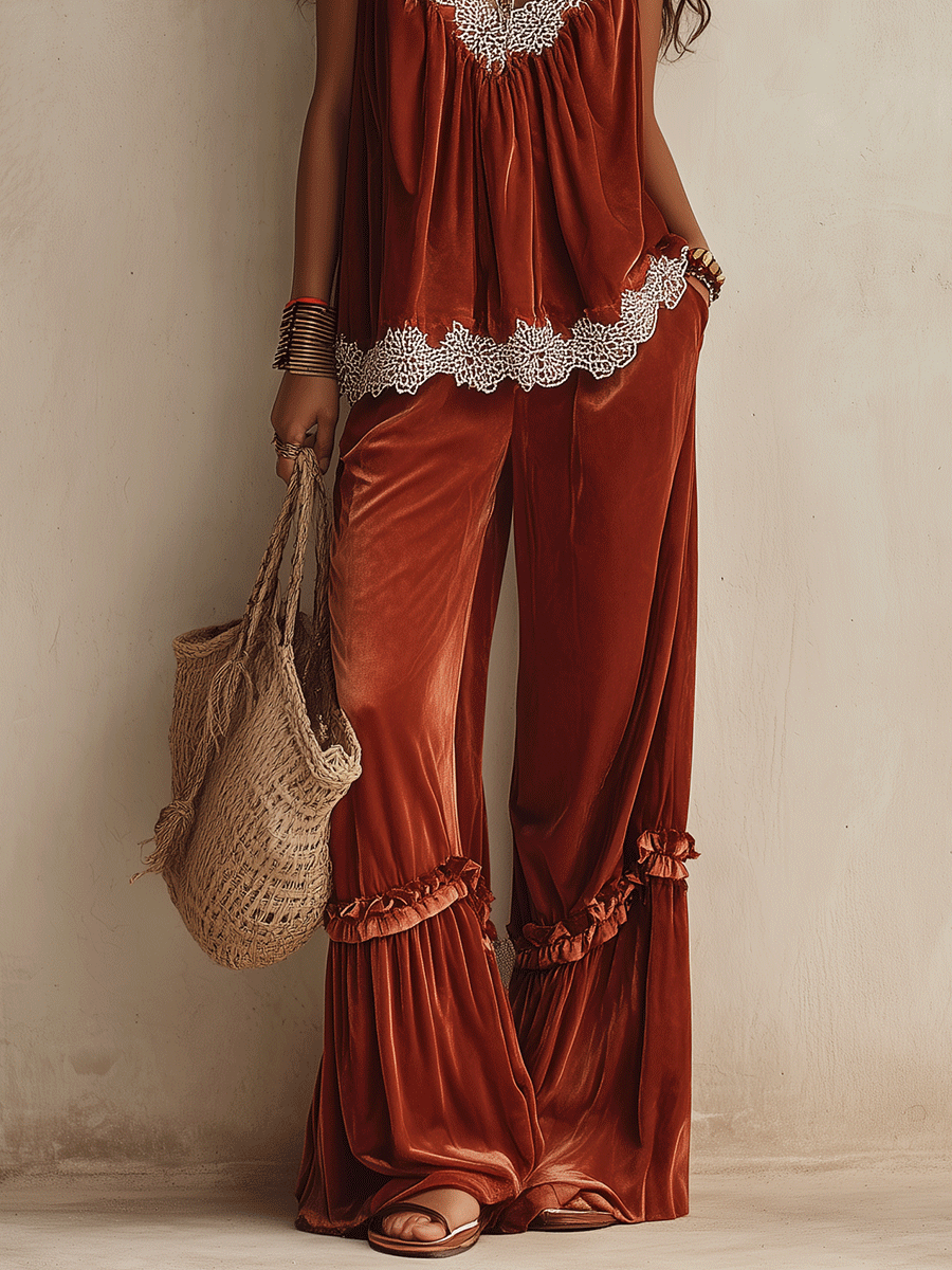 Boho Chic Velvet Lace-Trim Halter Wide-Leg Rust Two-Piece Set