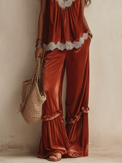 Boho Chic Velvet Lace-Trim Halter Wide-Leg Rust Two-Piece Set