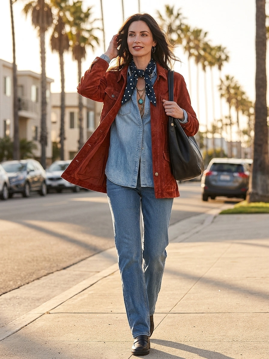 Women's Suede Shirt Button Front And Chest Pockets Jacket