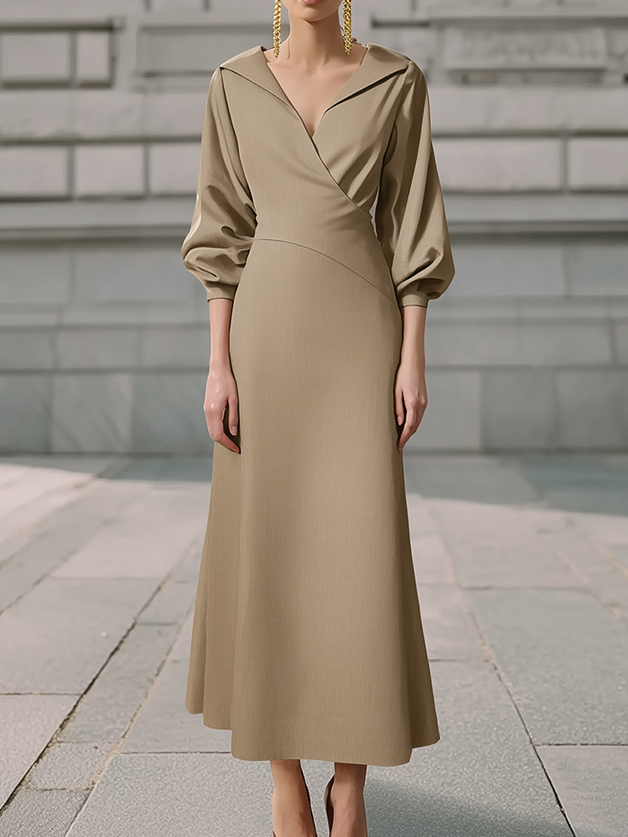 Minimalist Camel Wrap Collar Wool Blend Maxi Dress