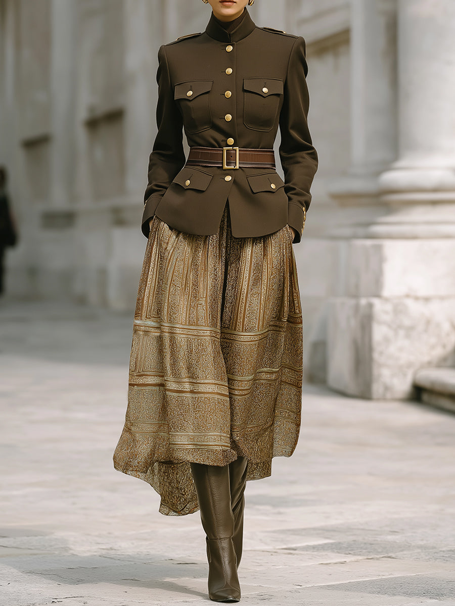Old-Money Style Military Structured Jacket & Belted Printed Maxi Skirt Set