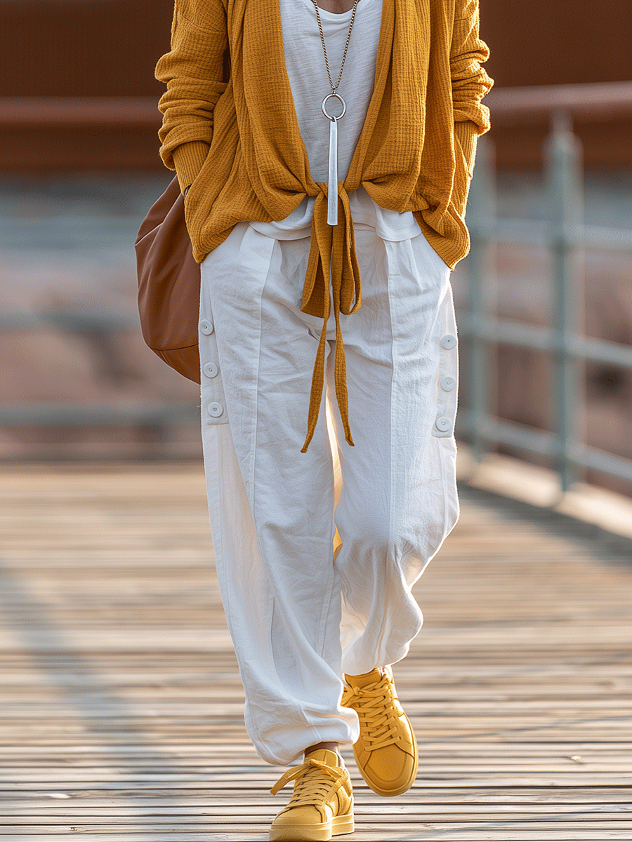 Coastal Boho Mustard Knit Cardigan & White Linen Cargo Pant Set
