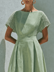 Effortless Chic Cotton-Linen Pleated Boat-Neck Sage Green Maxi Dress