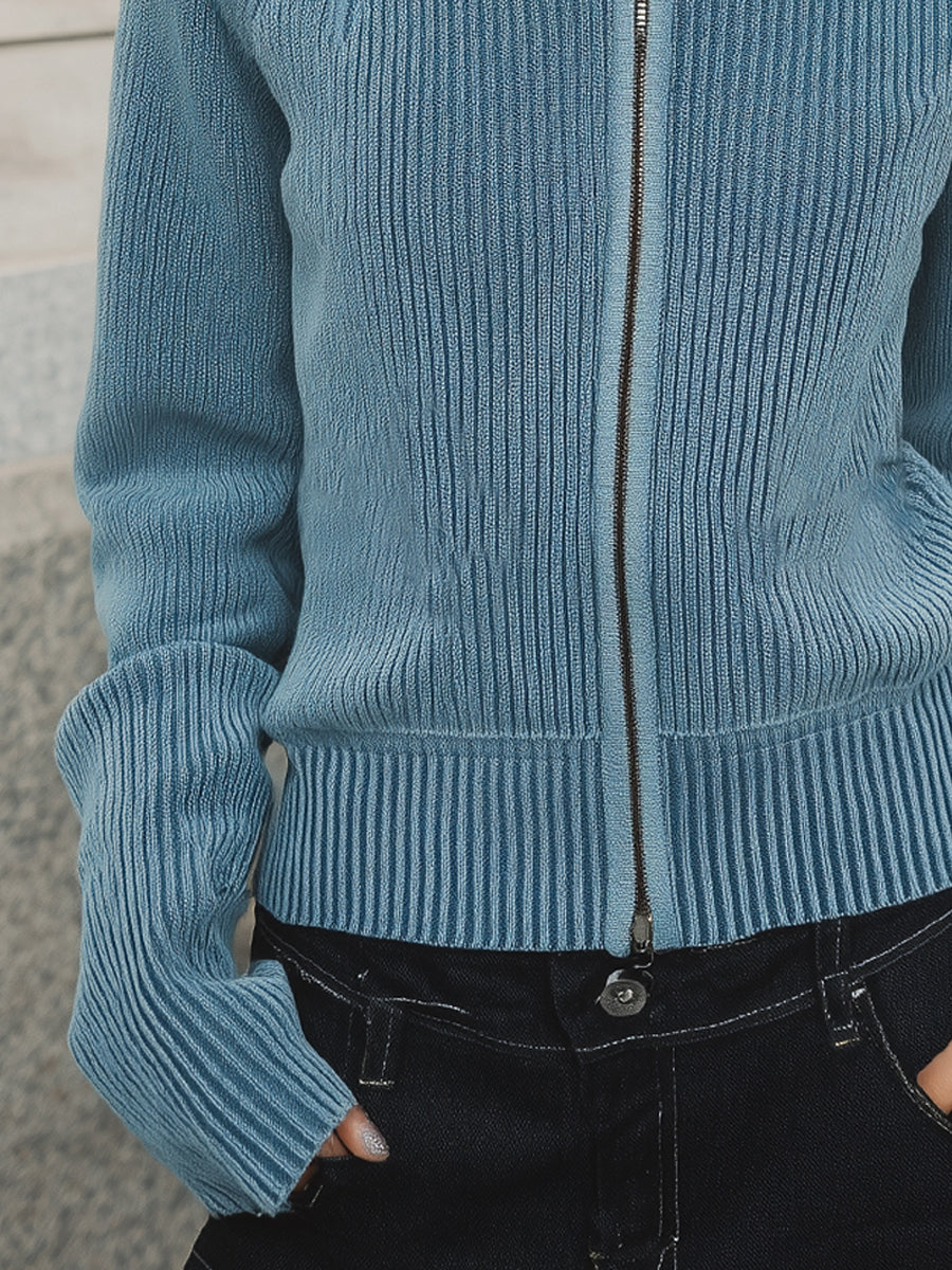 Minimalist Turtleneck Front Zipper Raglan Sleeves Slim Fit Knitted Cardigan