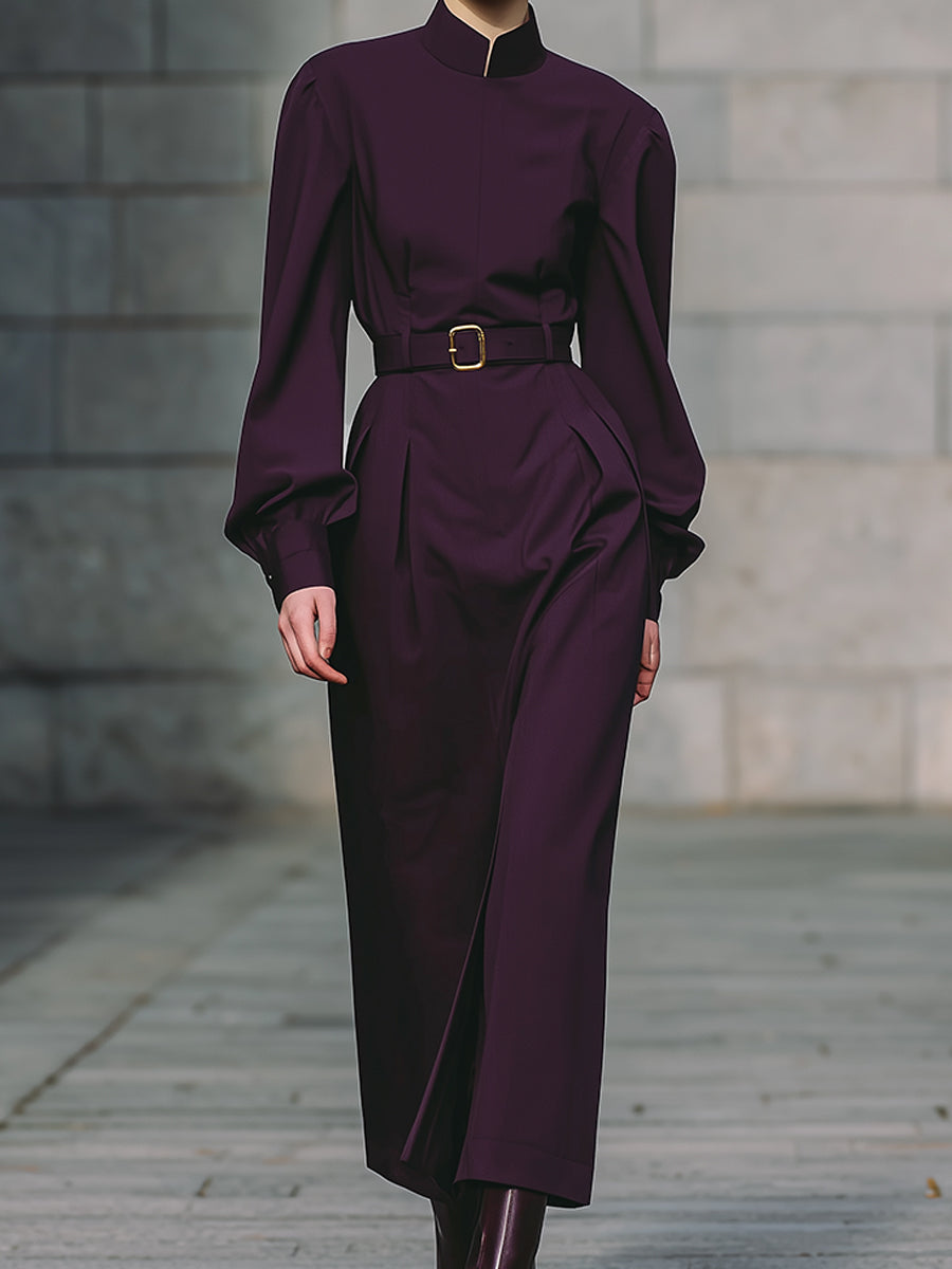 Commuting Stand Collar Lantern Sleeve Waist Pinch Pleated Straight Midi Dress