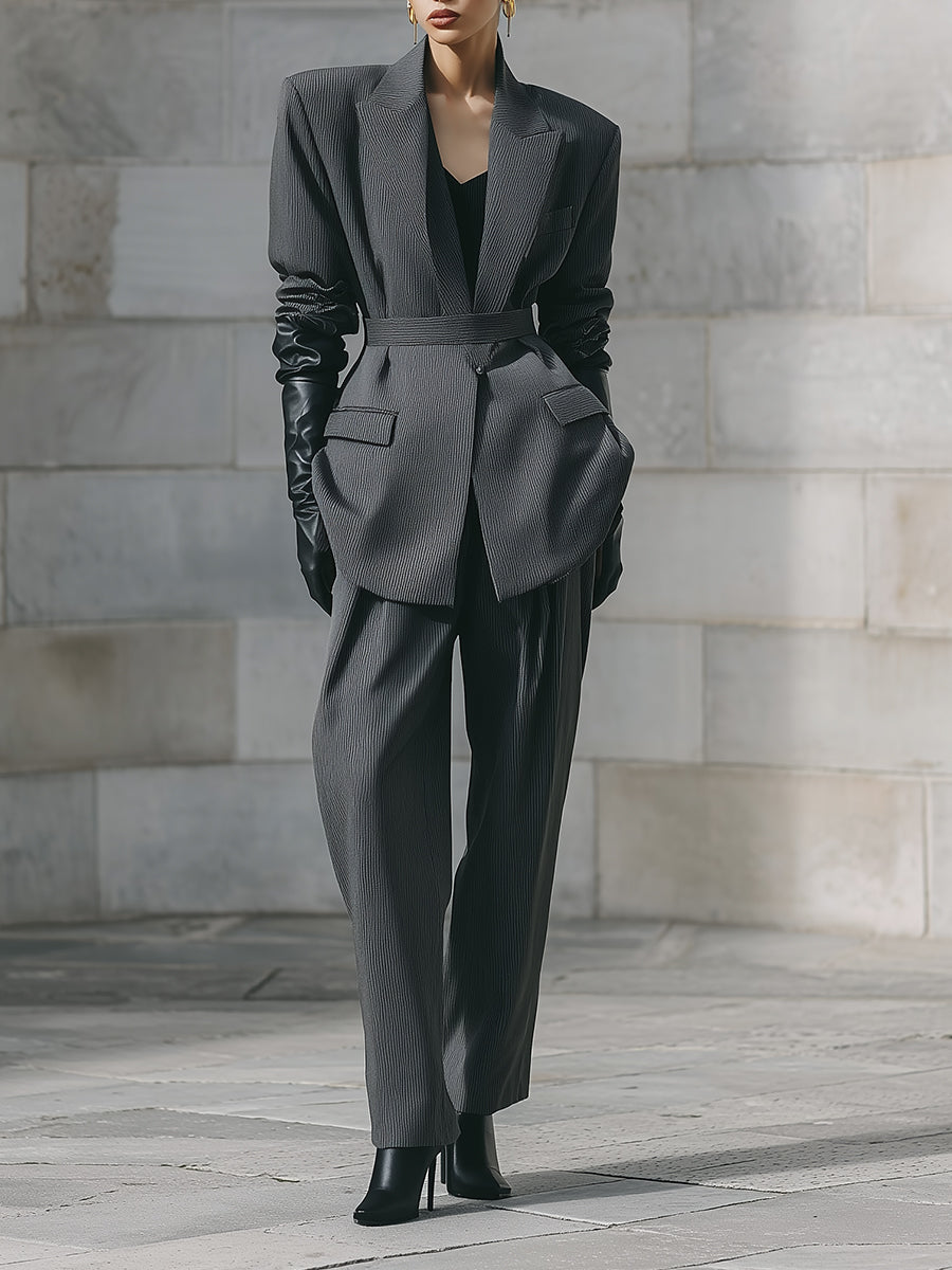 Androgynous Chic Pinstripe Shoulder Pads With Belt Blazer & Straight Pants Set