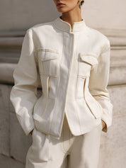 Minimalist Deconstructed Waist-cinched Topstitched Flap Pocket Denim Jacket