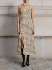 Fashionable Ruffled Floral Hem Slit Suspender Dress With Neck Scarf