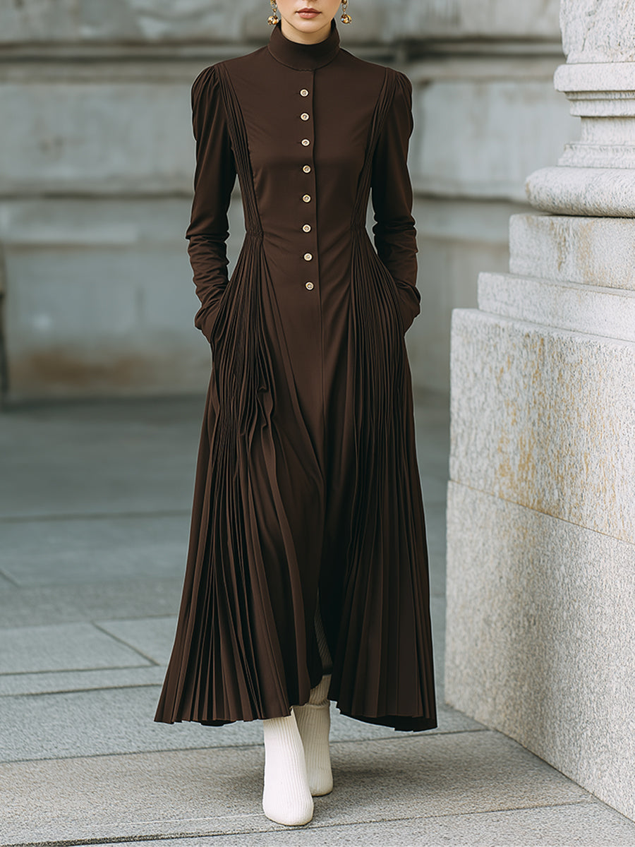 Old-Money High-Neck Accordion-Pleat Maxi Dress