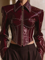 Deconstructed Eco-friendly Patent Leather Tapered Hem Slim Fit Jacket