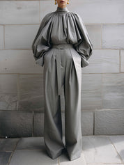 Pleated Stand Collar Blouse & Pinch Pleated Wide Leg Pants Set With Belt