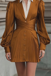 Old Money Fashion Regal Brown Puff Sleeves Mini Dress