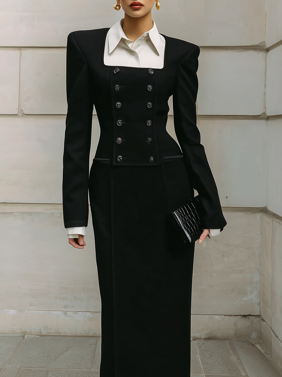 Androgynous Chic Double-breasted Shirt Collar Patchwork Slim Maxi Dress