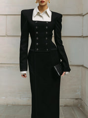 Androgynous Chic Double-breasted Shirt Collar Patchwork Slim Maxi Dress
