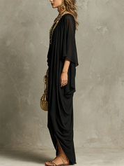 Bohemian Black One Shoulder Draped Maxi Dress
