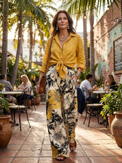 Floral Print Wide-Leg Pants With Tie-Front Linen Shirt Set