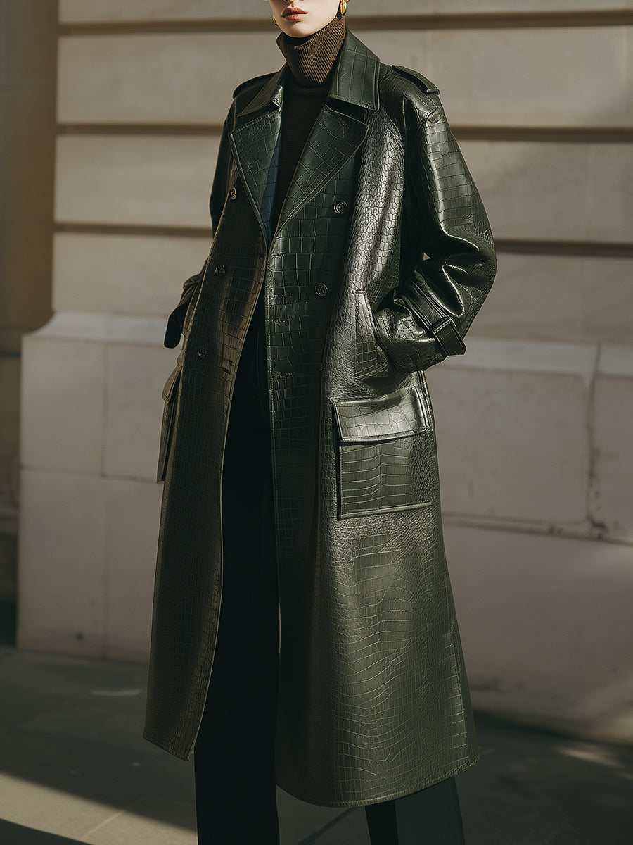 Stylish Crocodile Pattern Eco-leather Straight Mid-length Coat With Flap Pockets