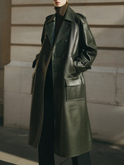 Stylish Crocodile Pattern Eco-leather Straight Mid-length Coat With Flap Pockets