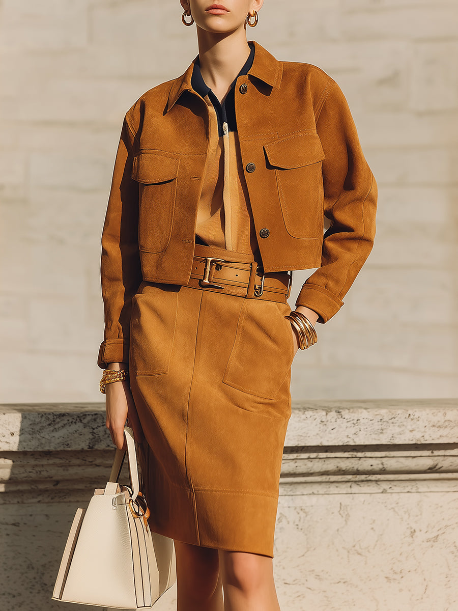 Minimalist Eco-friendly Suede Cropped Jacket & Seam Front Pencil Skirt Set