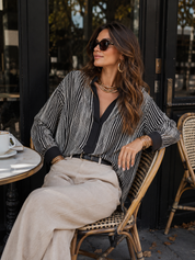 Refined Black Striped Split-Neck Blouse