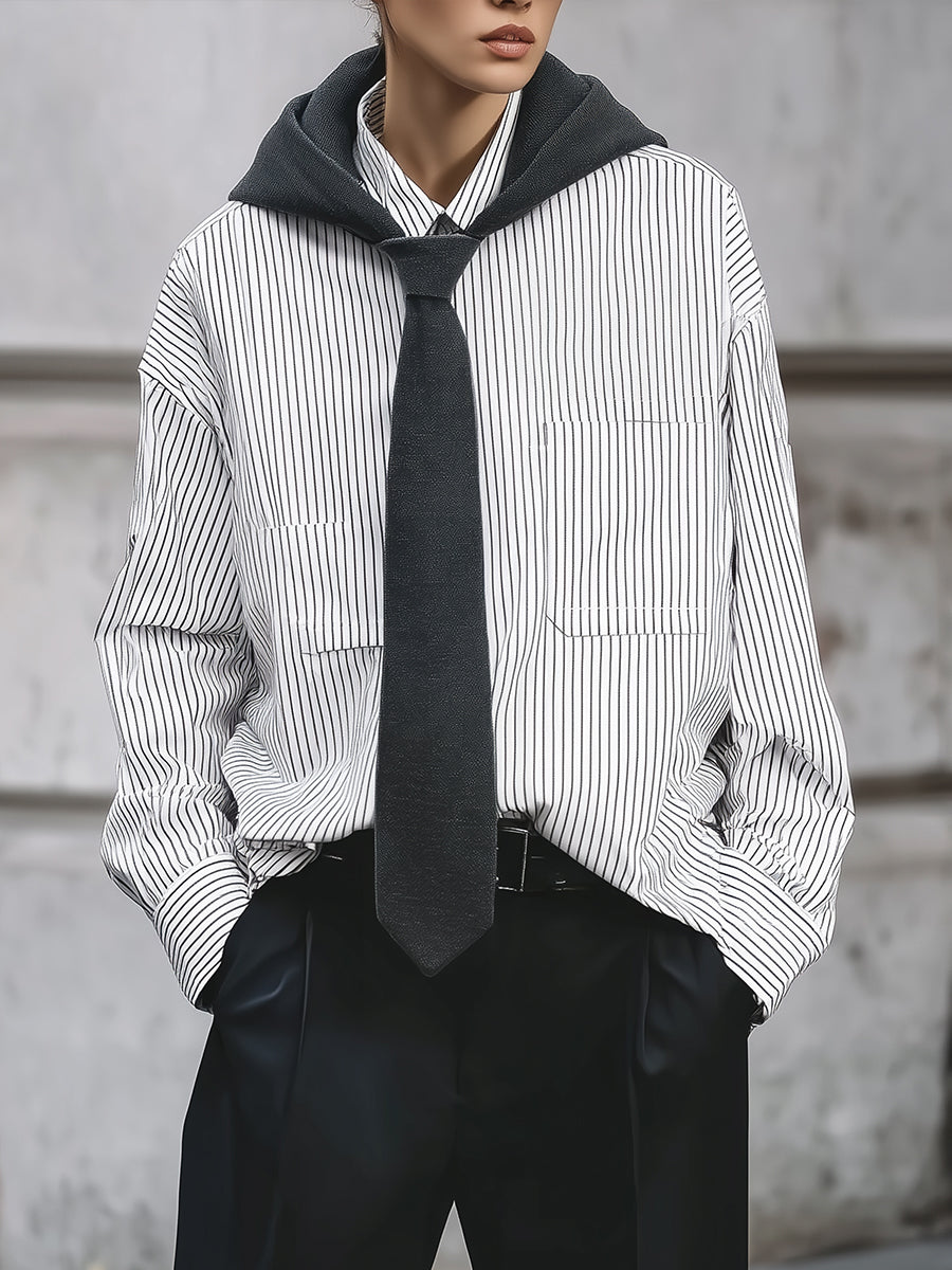 90s Minimalist Striped Power Shirt Hoodie With Integrated Tie