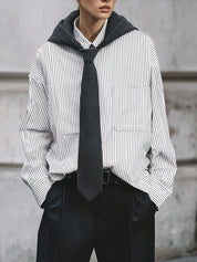 90s Minimalist Striped Power Shirt Hoodie With Integrated Tie