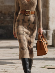 Stylish Retro Plaid V-neck Knitted Midi Dress With Belt