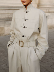 Neutral Style Stand-collar Jacket & Wide-leg Shorts Set With Belt