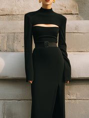 Uniquely Designed Chest Hollow Hem Pleated Belt Maxi Dress
