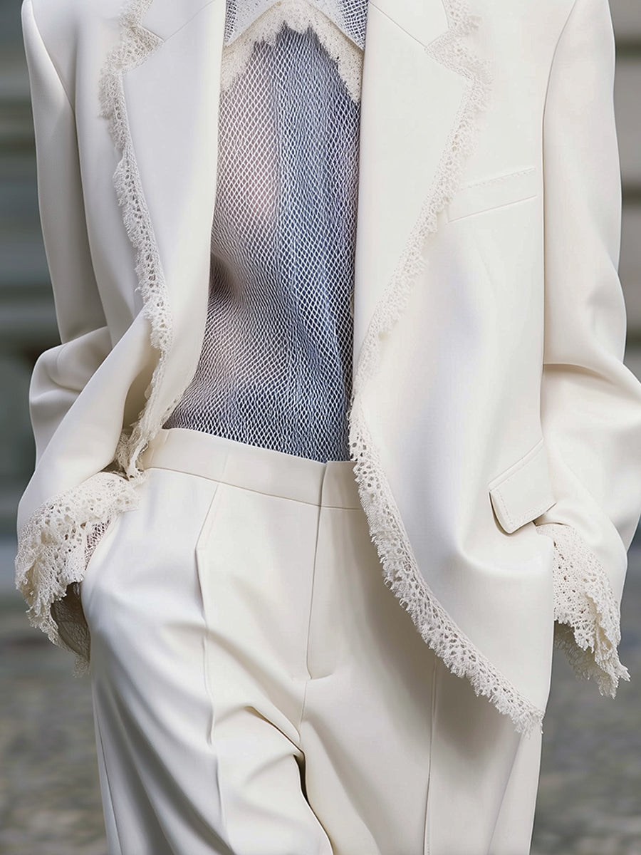 Minimalist Lace Splicing Lapel Loose Version Blazer With Shoulder Pads