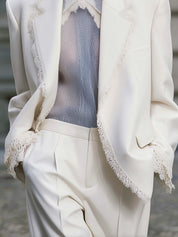Minimalist Lace Splicing Lapel Loose Version Blazer With Shoulder Pads