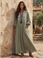 Vintage Textured Cotton Embroidered-Yoke Flowy Maxi Dress