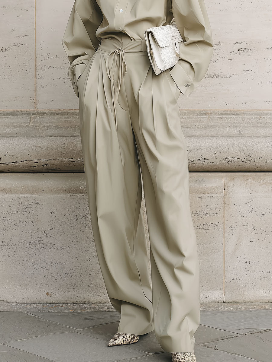 Minimalist Drop Shoulder Blouse & Pleated Waist Strapped Straight Pants Set