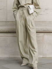 Minimalist Drop Shoulder Blouse & Pleated Waist Strapped Straight Pants Set