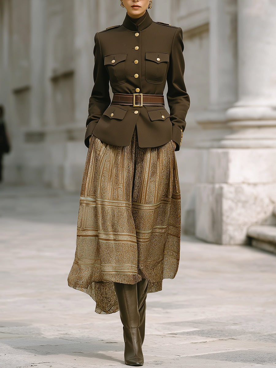Old-Money Style Military Structured Jacket & Belted Printed Maxi Skirt Set