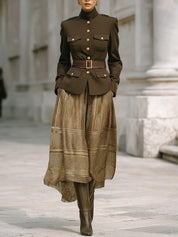 Old-Money Style Military Structured Jacket & Belted Printed Maxi Skirt Set