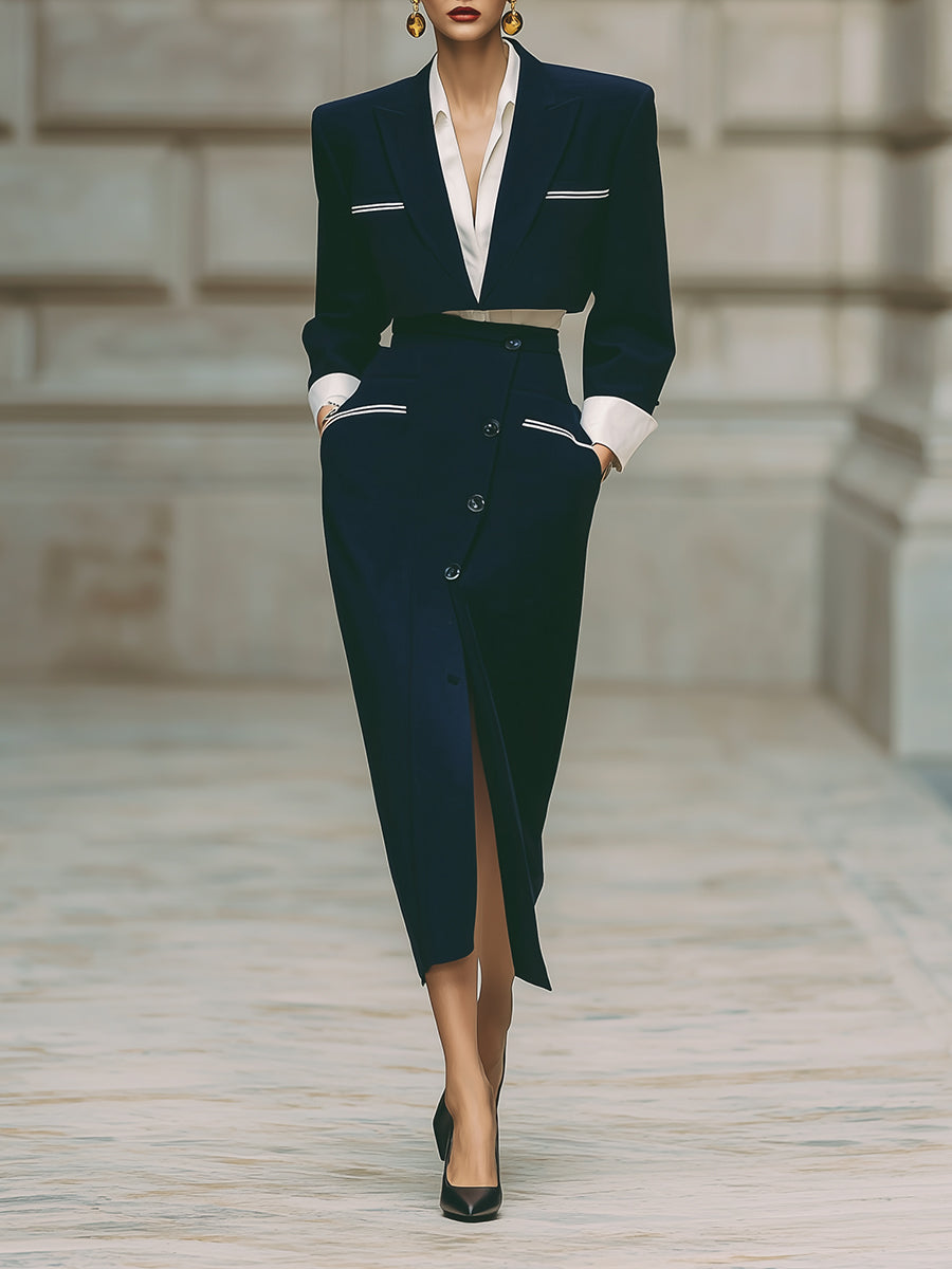 Minimalist Short Patchwork Jacket & Diagonal Placket Front Slit Skirt Set