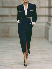 Minimalist Short Patchwork Jacket & Diagonal Placket Front Slit Skirt Set