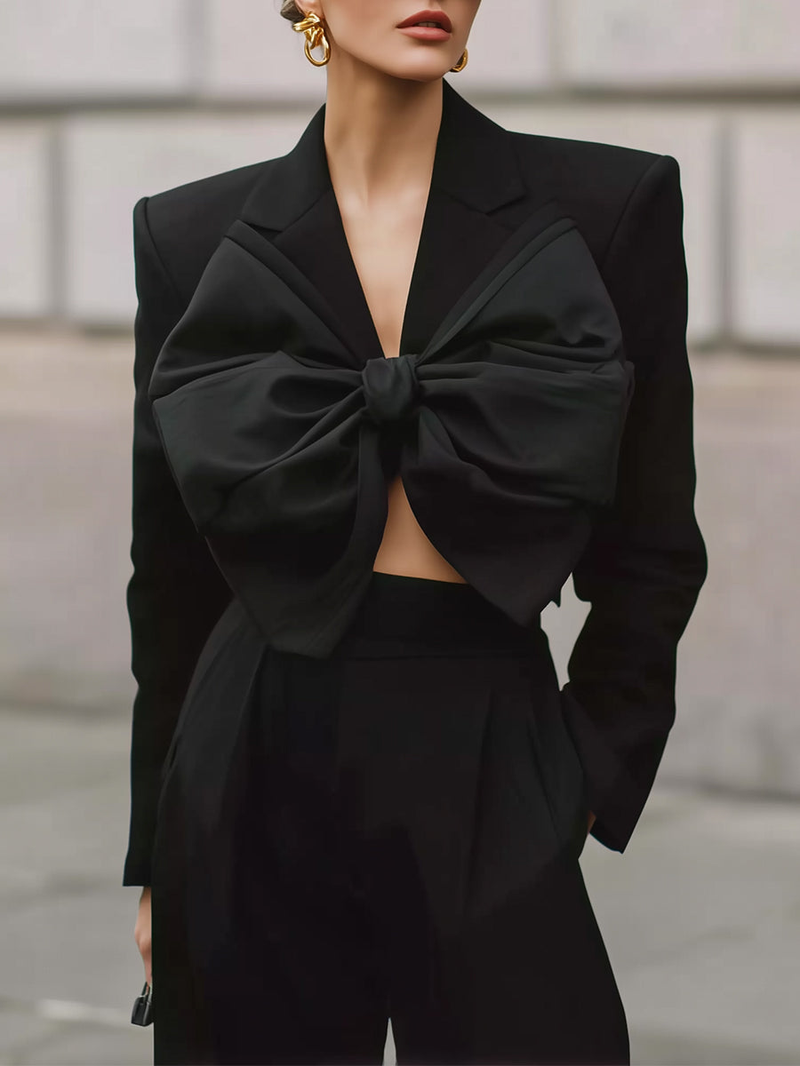 Uniquely Designed Removable Bow Lapel Cropped Boxy Blazer