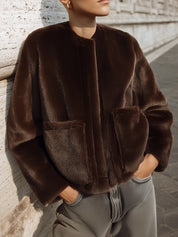 Minimalist Boxy Oversized Patch Pockets Faux Fur Coat