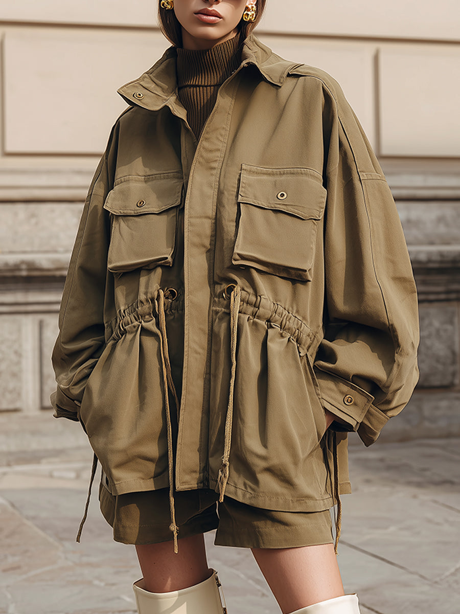 Casual Oversized Waist Drawstring Cargo Pockets Washed Cotton Jacket