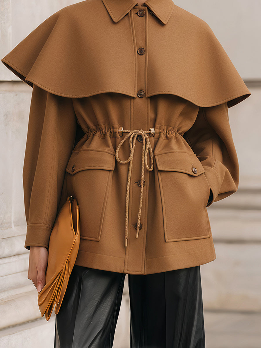 Old Money Detachable Cape Collar Waist Drawstring Woolen Jacket