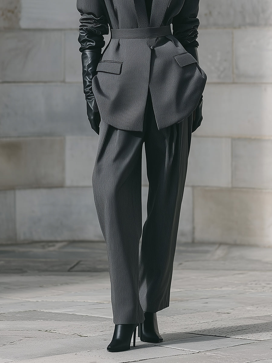 Androgynous Chic Pinstripe Shoulder Pads With Belt Blazer & Straight Pants Set