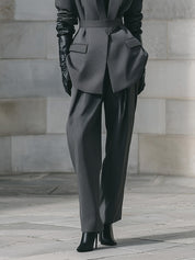 Androgynous Chic Pinstripe Shoulder Pads With Belt Blazer & Straight Pants Set