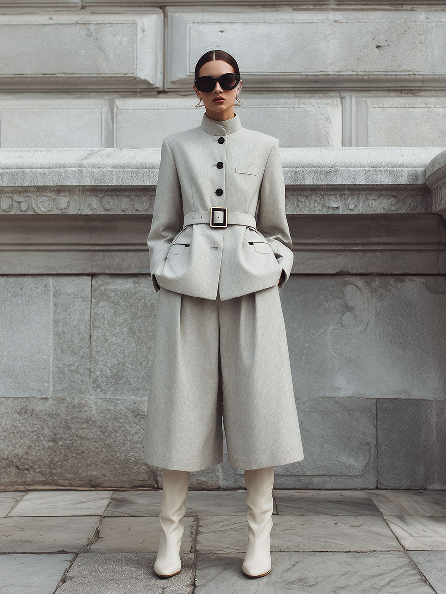Commuter Stand Collar Single Breasted Jacket & Loose Capri Pants Set