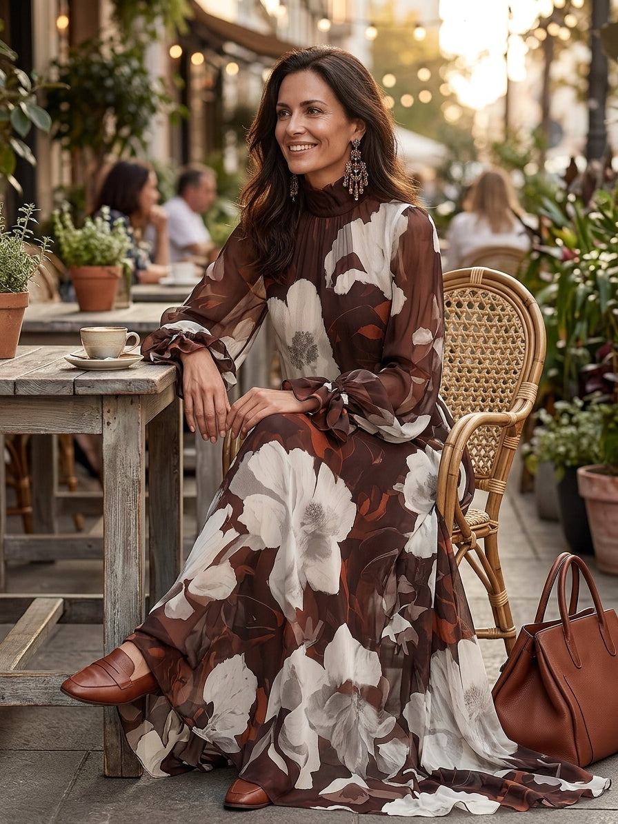Floral Print High Neck Long Sleeve Chiffon Maxi Dress