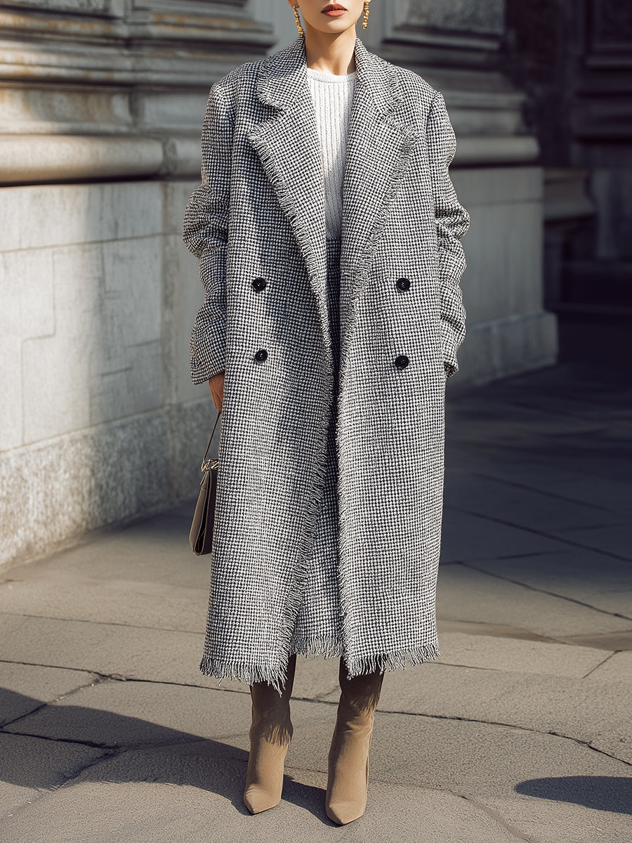 Old-Money Modern Heritage Ash Houndstooth Mid-calf Length Wool Coat