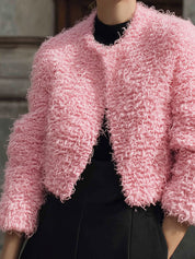 90s Minimalism Revival Round Neck Short Eco-friendly Teddy Curly Jacket